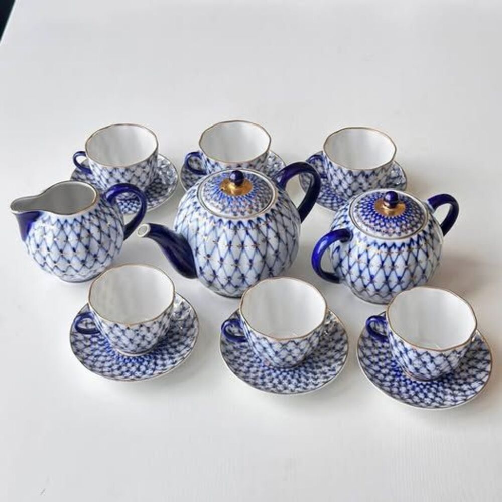 Vintage USSR Lomonosov LFZ Cobalt Net Tea Set 15 pc - Export Edition 1st Quality